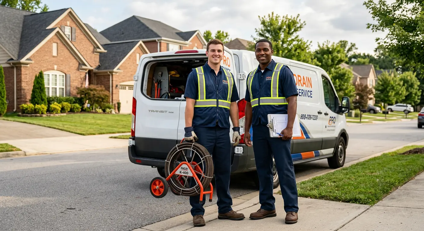Sewer and drain service team with equipment ready for work in Elsmere