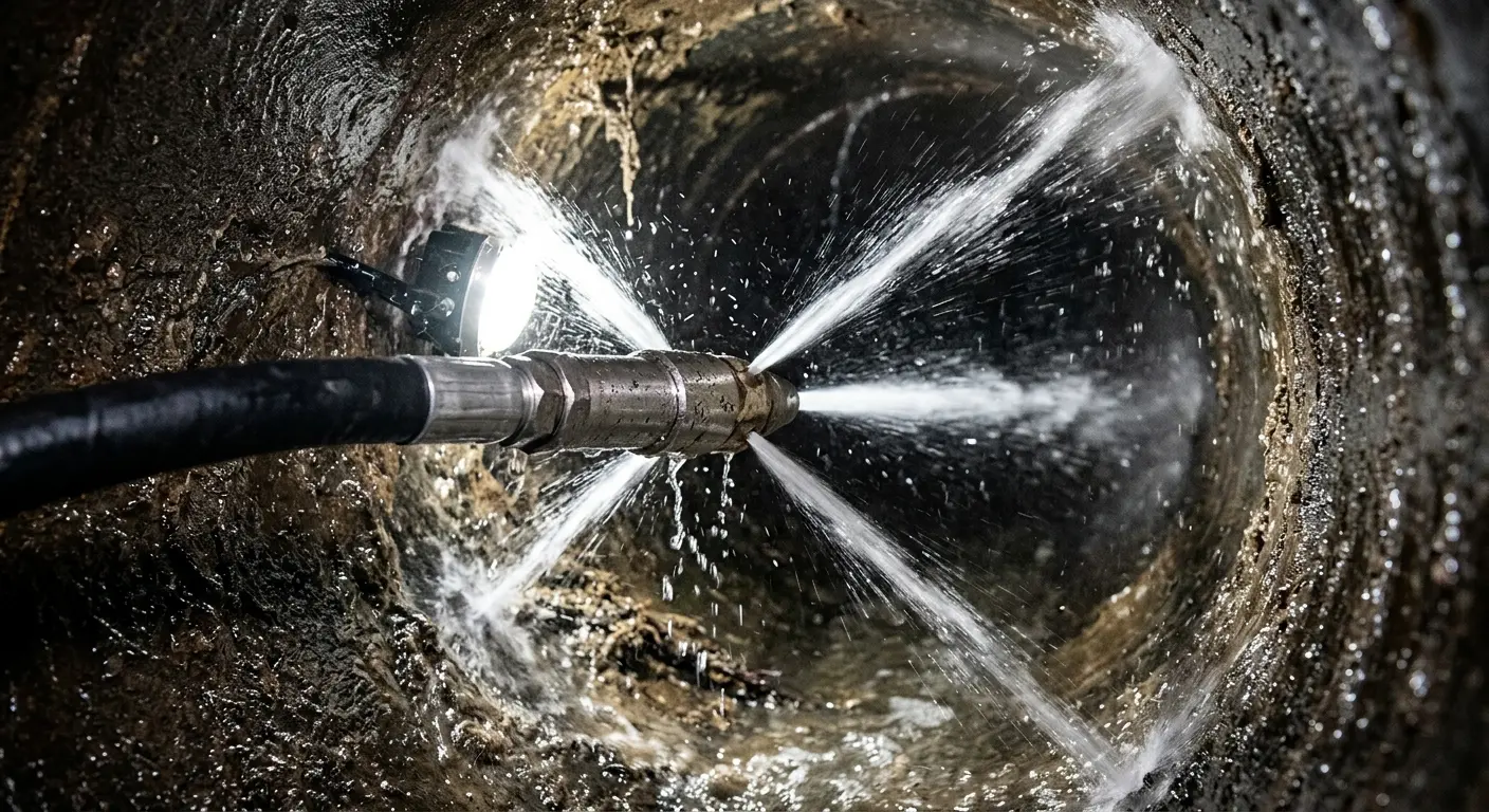 High-pressure hydro jetting nozzle cleaning sewer pipe for Storm Drain Cleaning in Elsmere