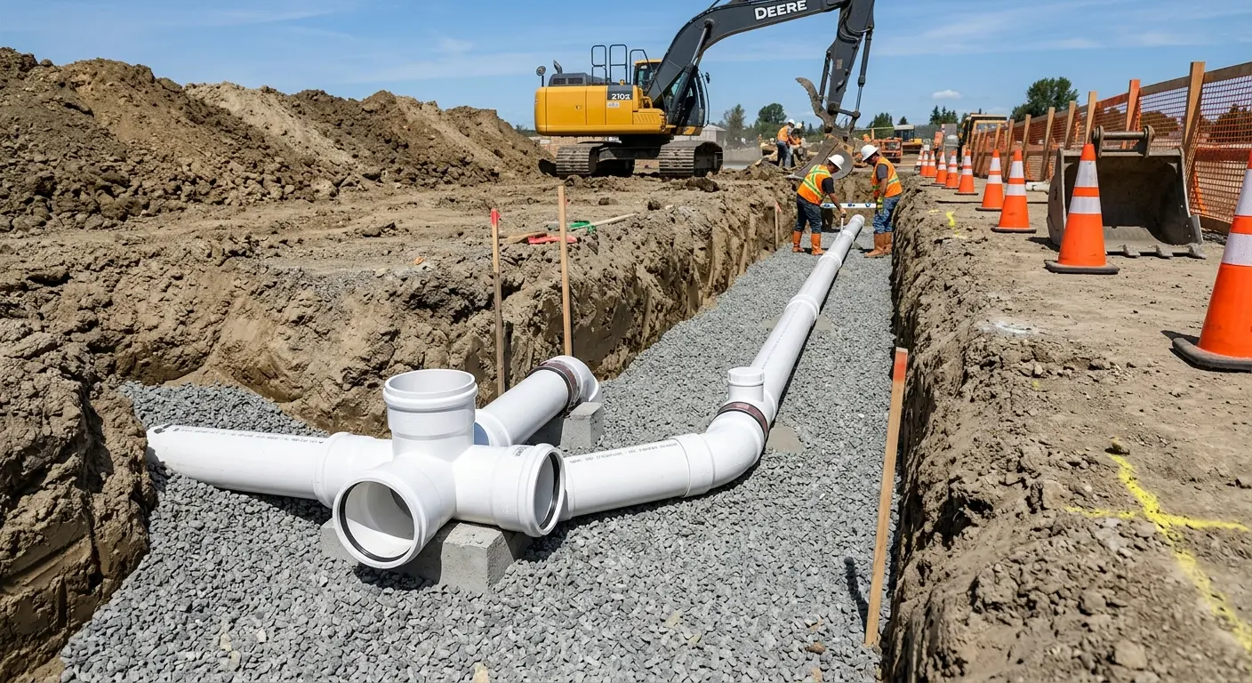 New PVC sewer pipe installation in open trench for Commercial Drain Cleaning in Elsmere