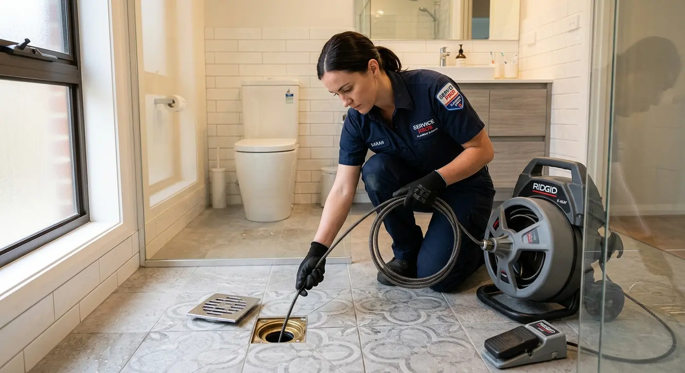 Technician clearing a bathroom floor drain for Clogged Drain Repair in Elsmere